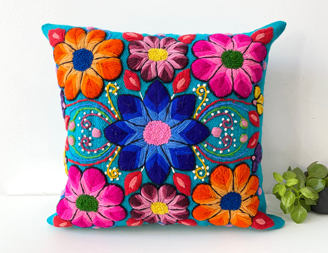 Turquoise Flowered pillow cover