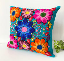 Load image into Gallery viewer, Turquoise Flowered pillow cover
