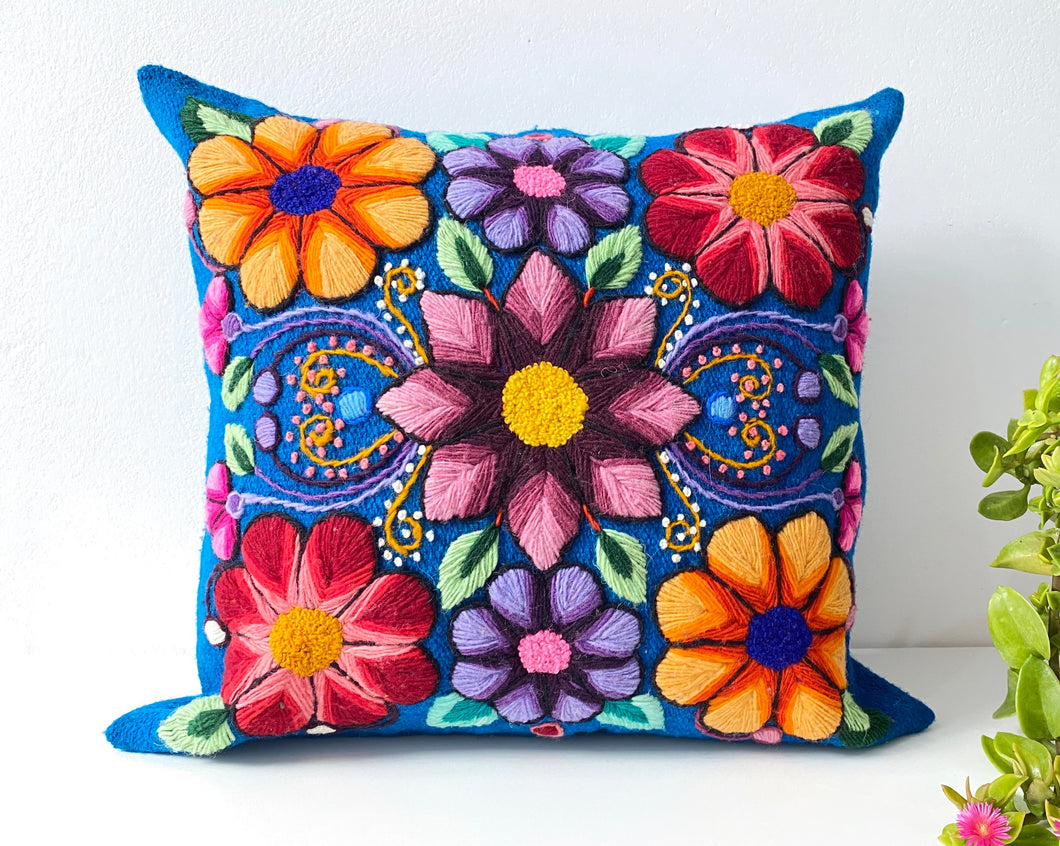 Blue embroidery Peruvian pillow