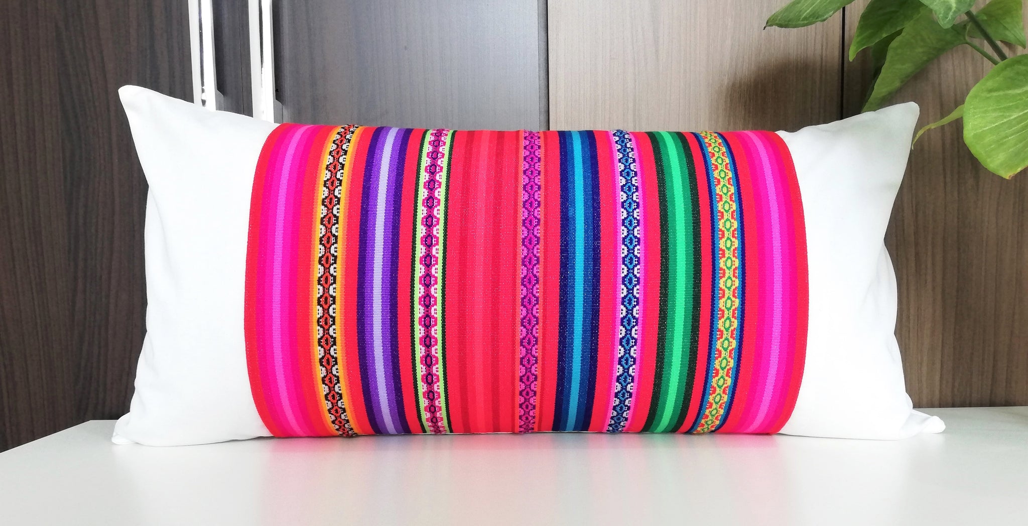 Rainbow Red Lumbar throw pillow Alpaki Peruvian Art